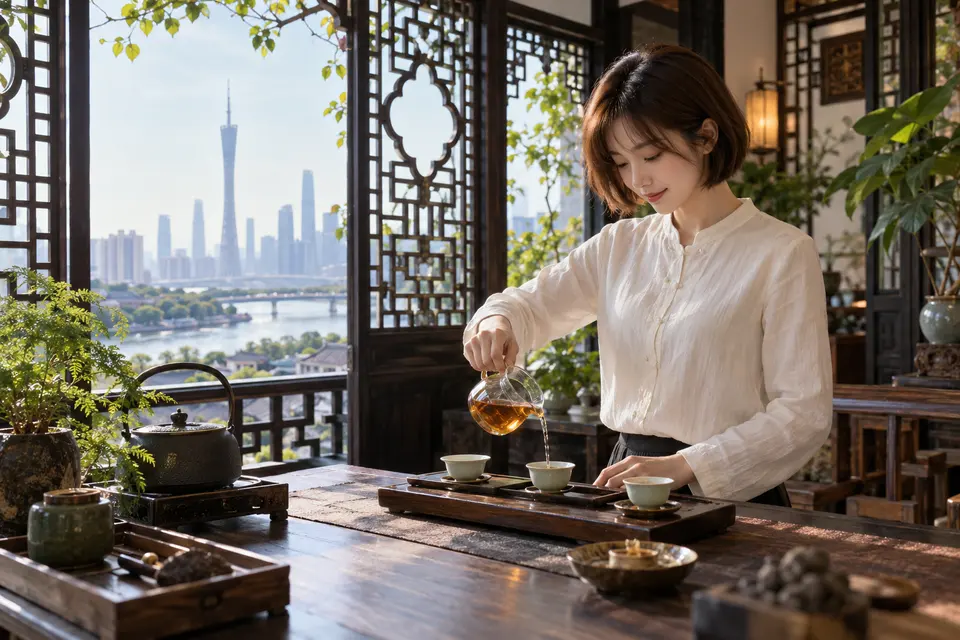 岭南花窗前的公道杯冲泡场景