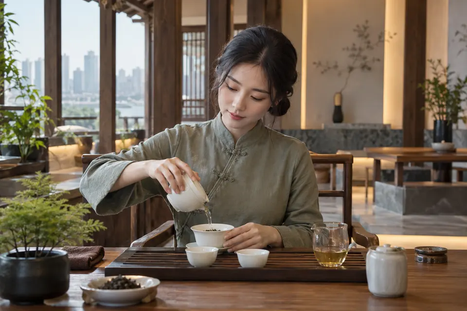 新中式盖碗冲泡场景，白瓷盖碗与茶汤